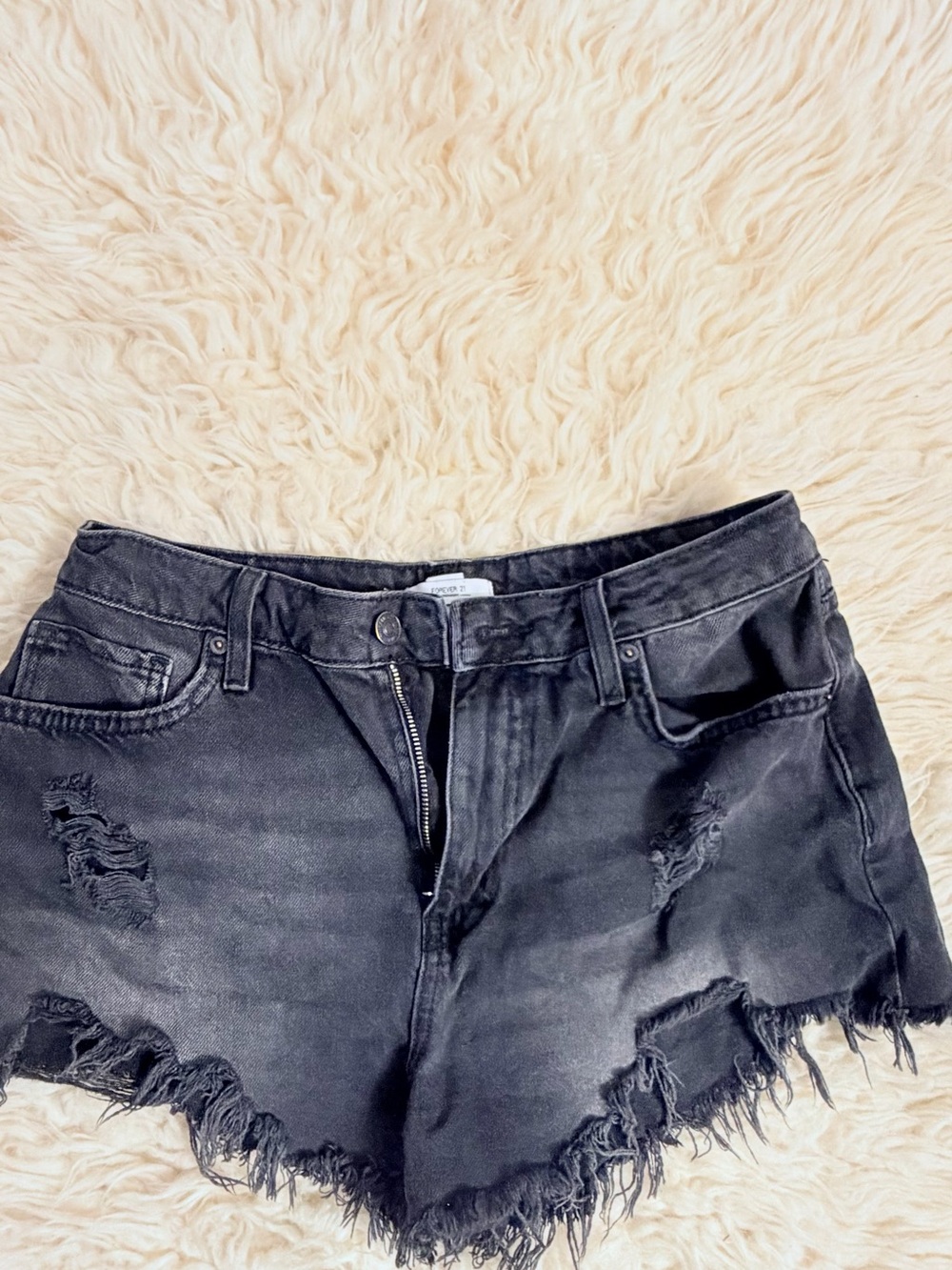 Forever 21 Black Distressed Frayed Denim Shorts